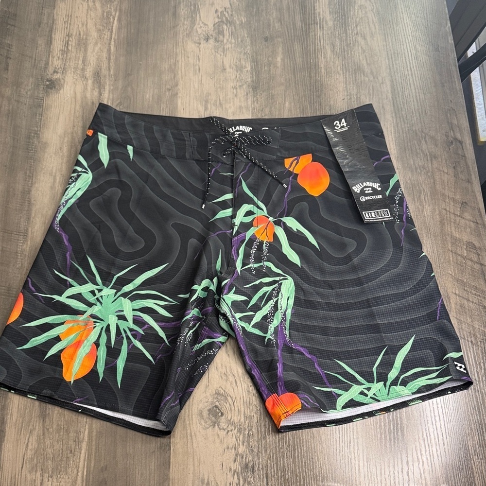 Billabong Black Board Shorts with Orange and Green Design